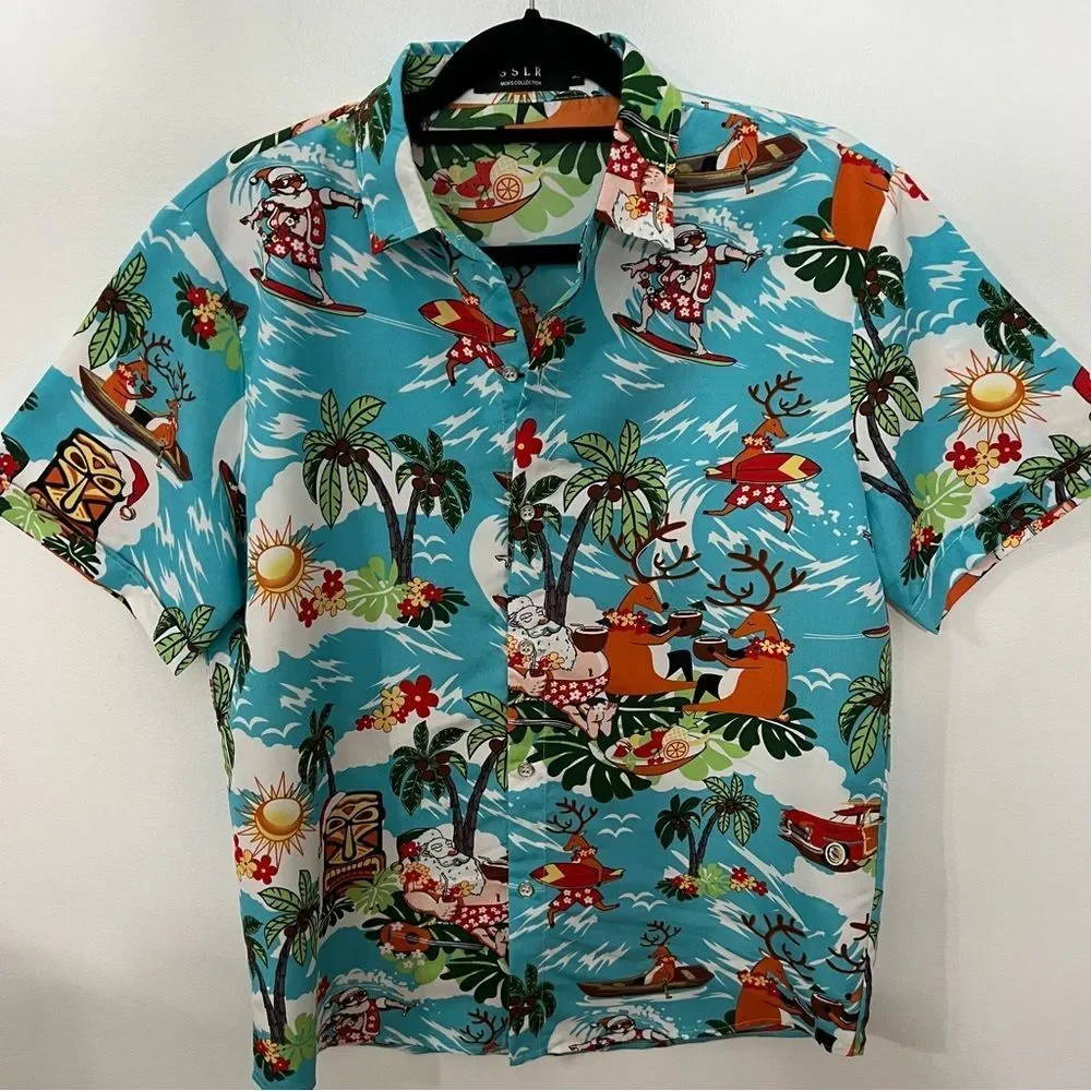 SSLR Surfs Up Santa Ugly Christmas Hawaiian Shirt --‎ M